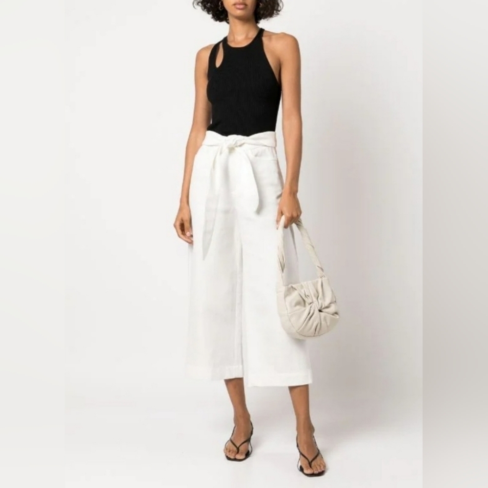 Vince Wide Leg Pants Tie Front Cotton Linen Women Pleated Trousers White Size 2